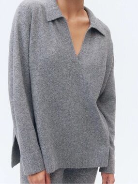 H&M Grey Soft Fine Knit Collared V-Neck Wool Blend Sweater Size Medium